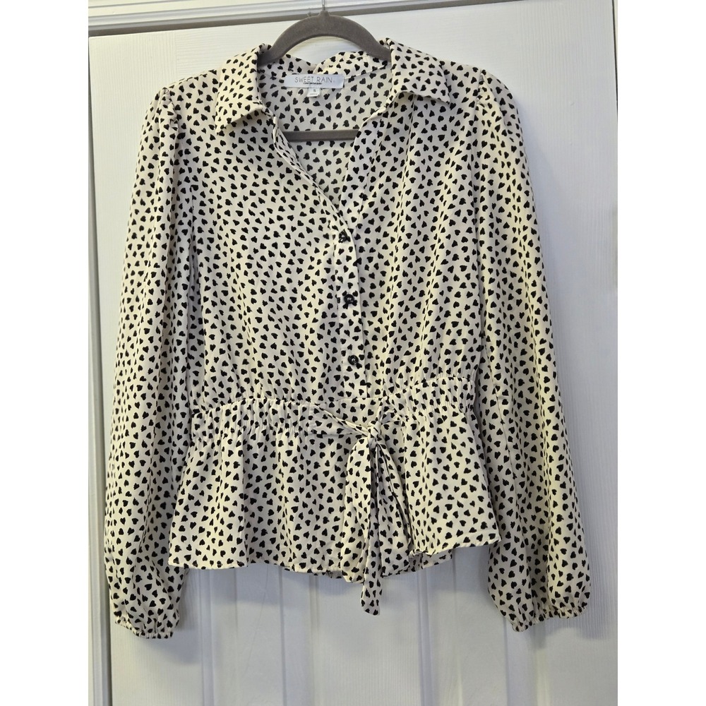 Sweet Rain Heart Print Peplum‎ Blouse White Black Button Up Tie Waist Small